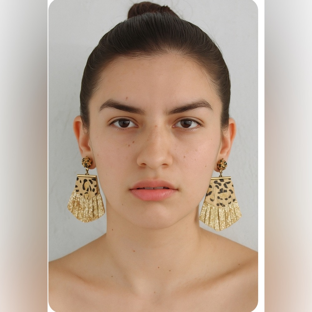 Leopard Leather Glitter Fringe Drop Earrings